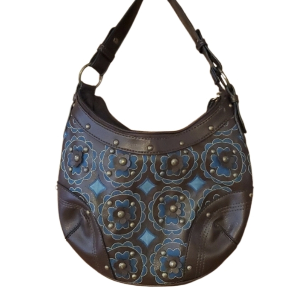 Vintage Brown Hobo Purse with Turquoise Floral Embroidered Cutouts and Studs